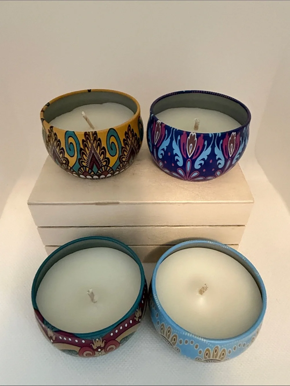 Set of 4 Hand-Painted Decorative Tin Candles - Vibrant Mixed Colors